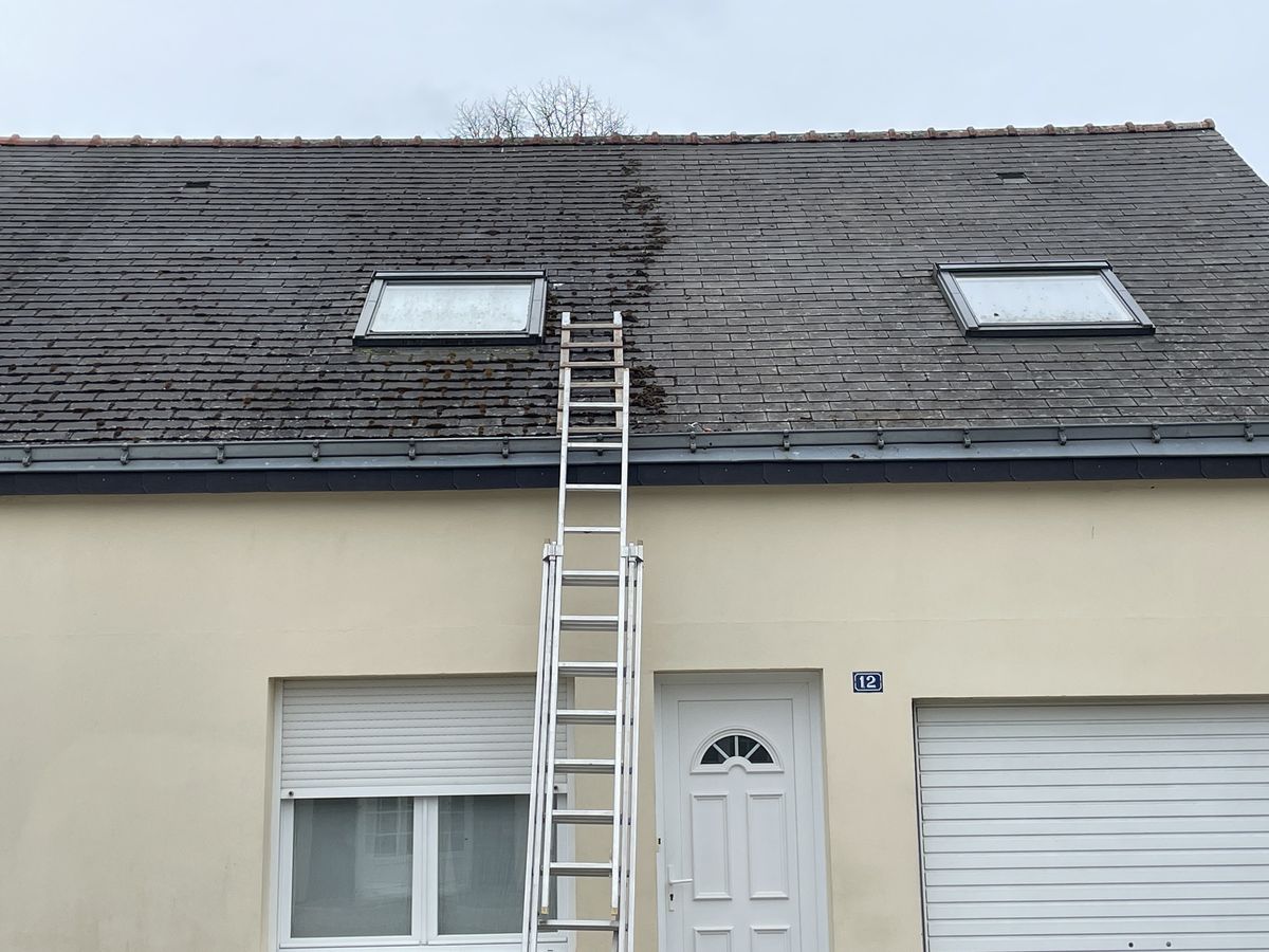 Toiture en ardoise équipée de deux fenêtres de toit, échelle de couvreur en place